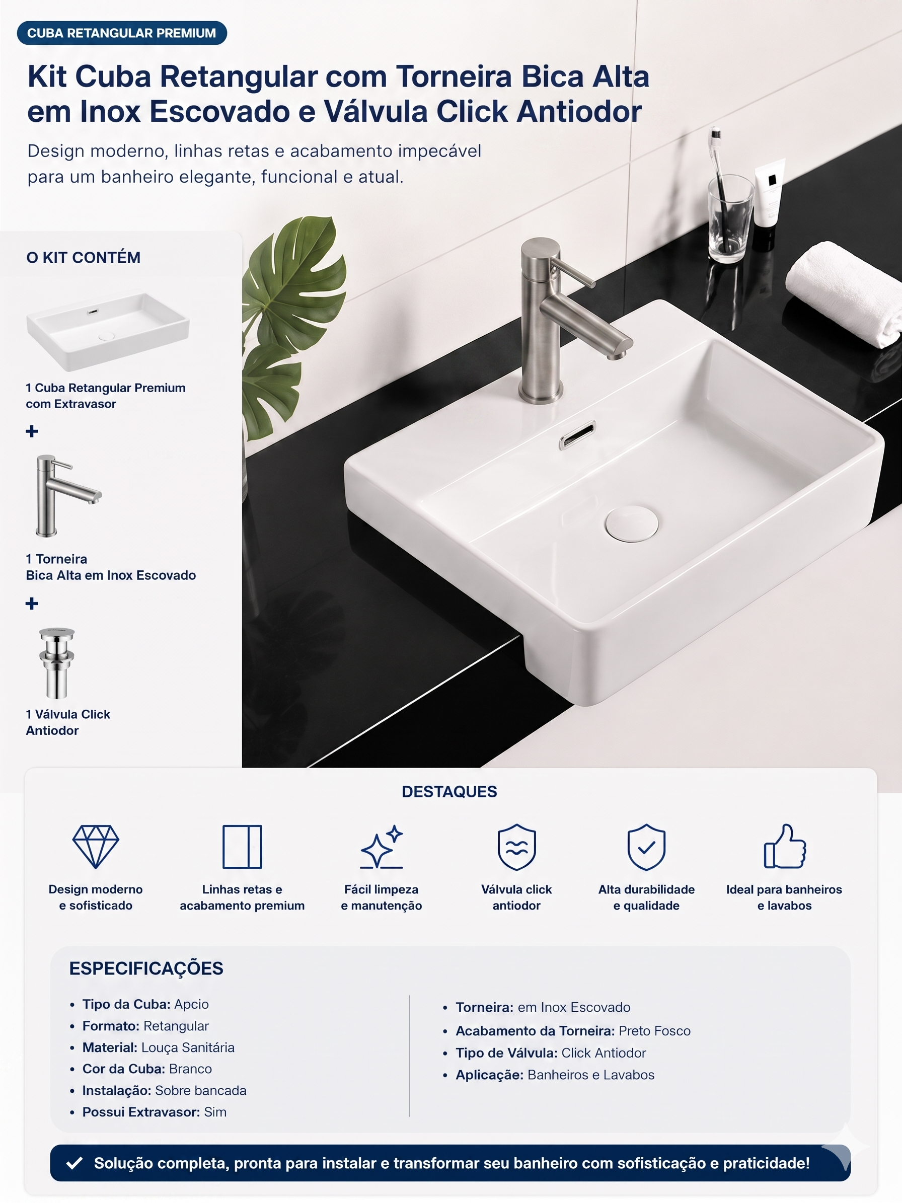 Conjunto Cuba de Apoio VBR — Torneira Inox Acabamento Escovado