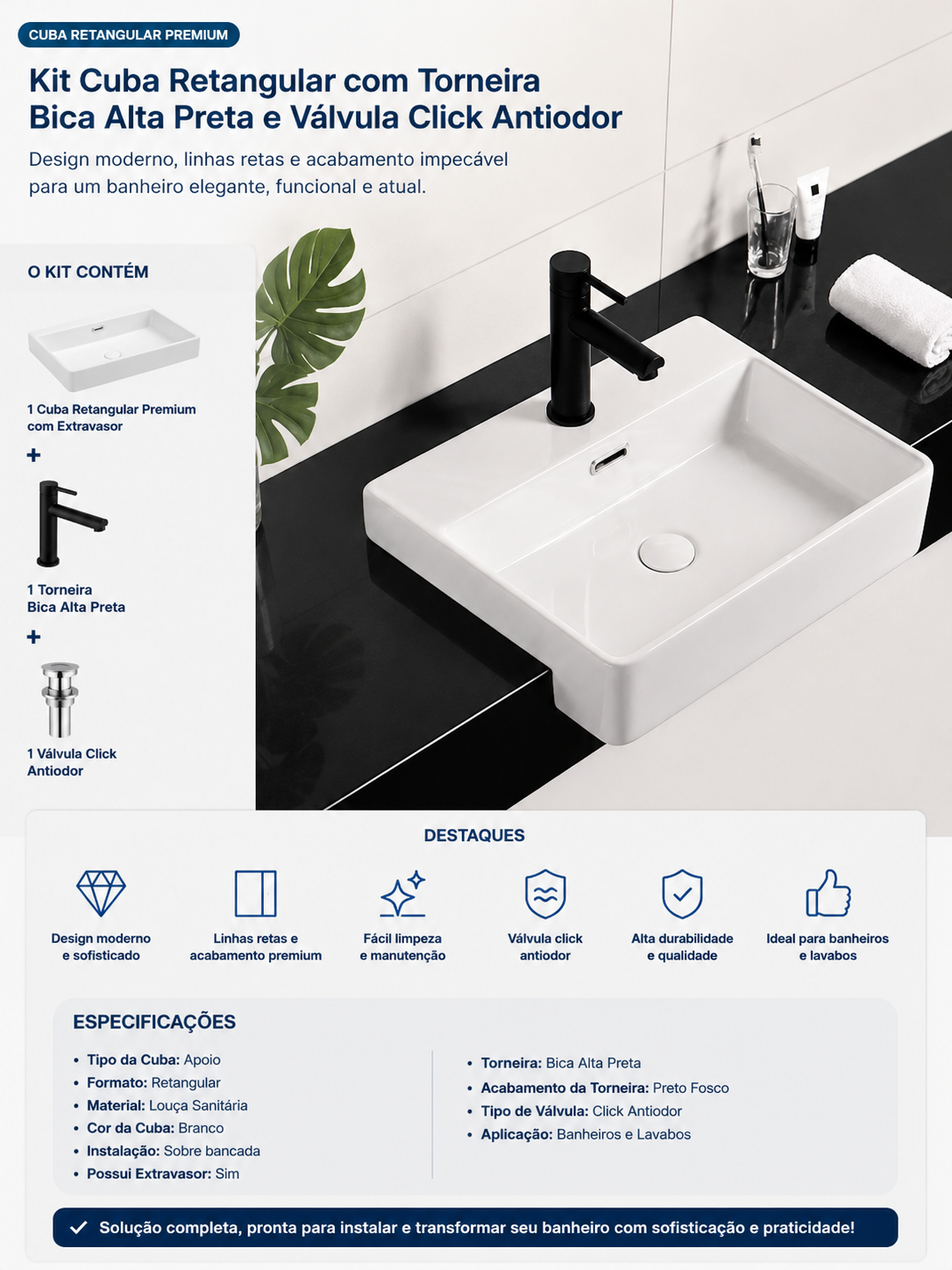 Conjunto Cuba de Apoio VBR — Torneira Inox