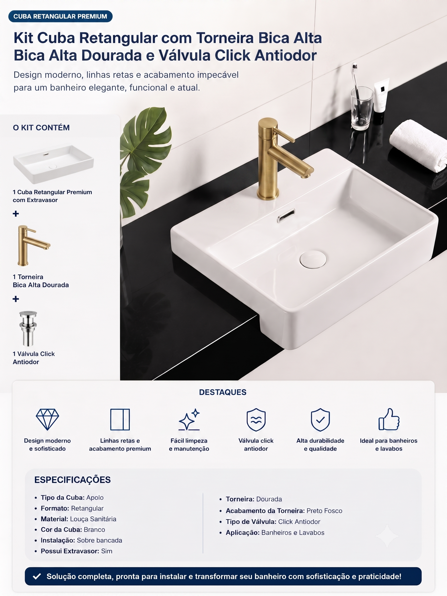 Conjunto Cuba de Apoio VBR — Torneira Inox Acabamento Dourado